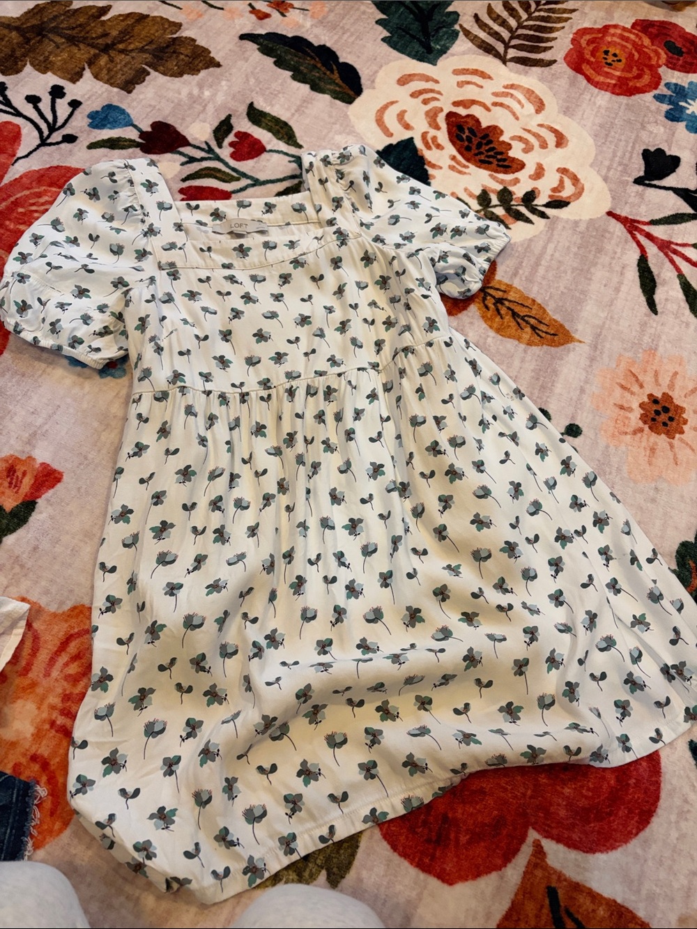 LOFT White Floral Puff-Sleeve Dress with Teal Accents